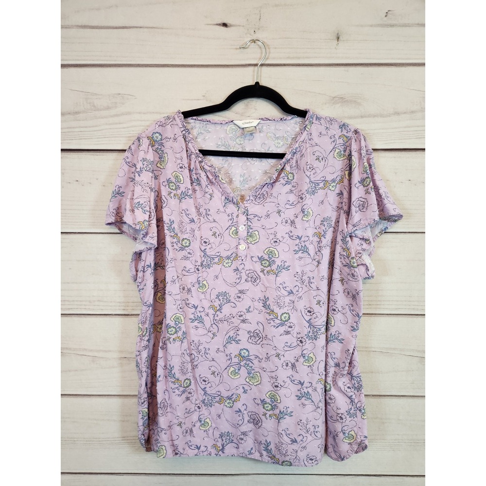 CJ Banks Womens 2X Purple Floral Blouse Short Sleeve Henley Clip Dot Rayon Top